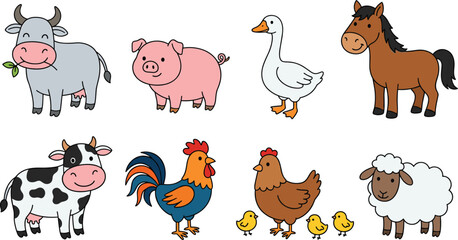 Cute farm animal collection featuring cartoon cow pig horse sheep chicken rooster duck and baby chicks for nursery education and children themed graphic vector designs © Suchana