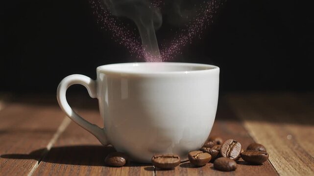 [Ceramic mug] [in romantic style] [in warm colors] [representing morning warmth and love with heart-shaped steam]