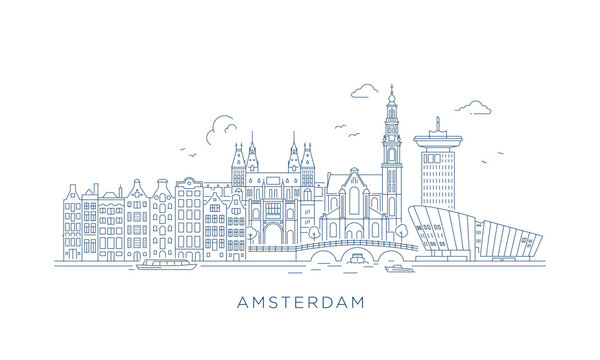 Amsterdam Skyline Minimalist Line Art Vector with Editable Outline Strokes