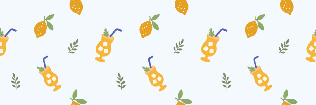 Seamless summer pattern with lemons, iced cocktails, straws, and leafy branches in flat vector style on light blue background. Repeating citrus illustration for textile, wrapping paper, wallpaper, pac
