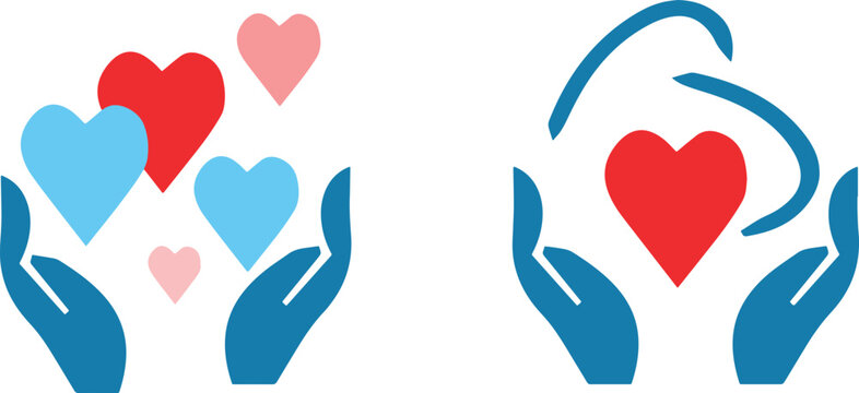 Illustrazione vettoriale di mani aperte che accolgono cuori provenienti dall&rsquo;alto, simbolo di amore, cura, generosit&agrave; e connessione emotiva. Ideale per temi romantici, solidariet&agrave; e benessere.