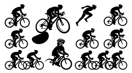 Obraz premium Cycling helmet safety silhouette vector pack bicyclists riding bike illustration set