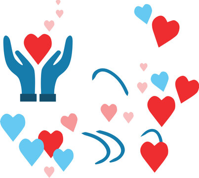 Illustrazione vettoriale di mani aperte che accolgono cuori provenienti dall&rsquo;alto, simbolo di amore, cura, generosit&agrave; e connessione emotiva. Ideale per temi romantici, solidariet&agrave; e benessere.