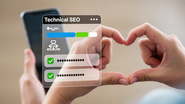 Business person holding smartphone with transparent digital interface showing technical SEO concept