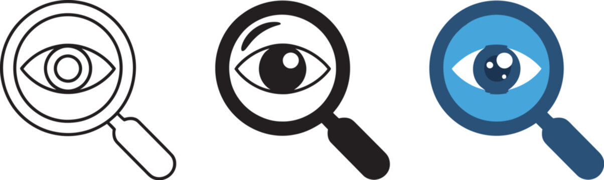 Eye view spying icon set isolated vector icons for watch, inspect, detect and monitor concepts used in cybersecurity, intelligence systems and privacy control applications.