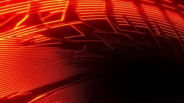 Bright Glowing Tunnel Speeds Past. Luminous Red Passageway With Energetic Streaming Circuits And Streaks