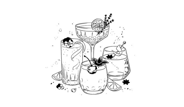 Watercolor lemon cocktail vector summer drink illustration set