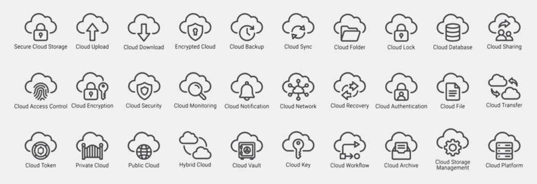 Cloud Security and Storage Line Icons Set: Including Secure Cloud Storage, Cloud Upload, Cloud Download, Encrypted Cloud, Cloud Backup, Cloud Sync, Cloud Folder, Cloud Lock, Cloud Database, and More.