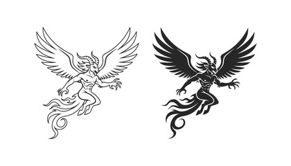Obraz premium Flying demon goat creature with large wings and tail vector graphic in outline and solid black silhouette styles for dark fantasy gaming character design and mythological tattoo art illustration