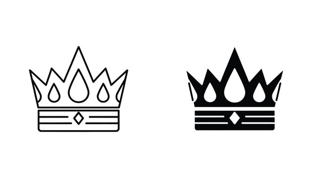 Royal golden crown symbol vector graphic in detailed line art and solid black silhouette styles for luxury branding and heraldic crest design elements isolated on white background for royalty