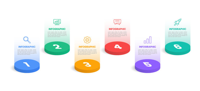Clean 6 step infographic with gradient columns, icons, and 3D circle elements, ideal for workflow, process, and business presentations.