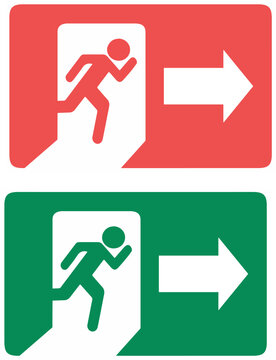 Illustrazione vettoriale di cartelli per uscite di emergenza verdi e rossi con simboli di sicurezza e direzione. Ideale per segnaletica, edifici pubblici, sicurezza sul lavoro e design informativo.