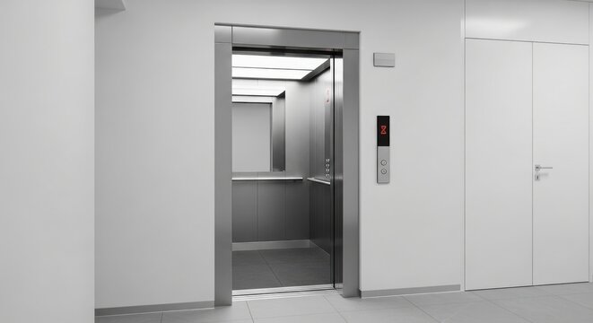 Modern stainless steel elevator with open doors in a white corridor