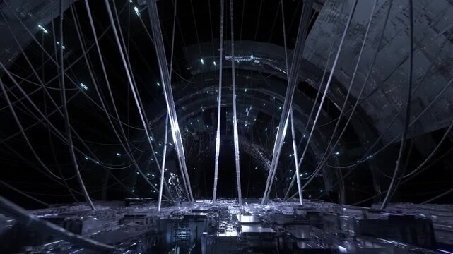 Abstract futuristic 3d animation, 3d video, Loop, VJ, DJ, circular structure with glowing lights and suspended cables