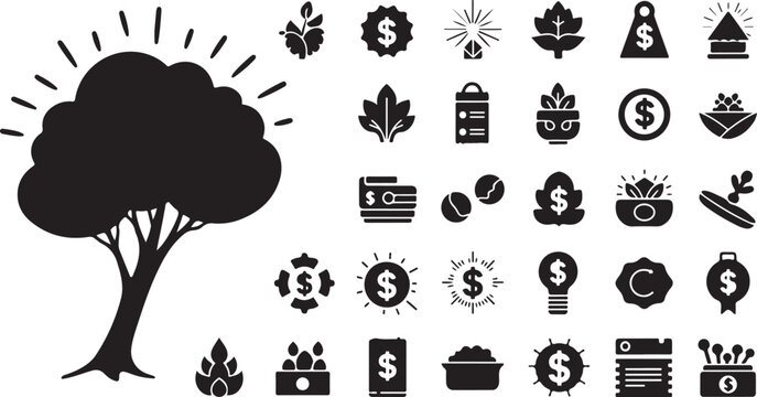 Large nature tree with financial growth icons vector set