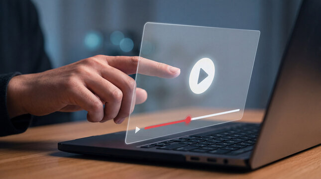 Man Interacting with Virtual Video Player Interface on Laptop for Online Streaming and Digital Media Concept