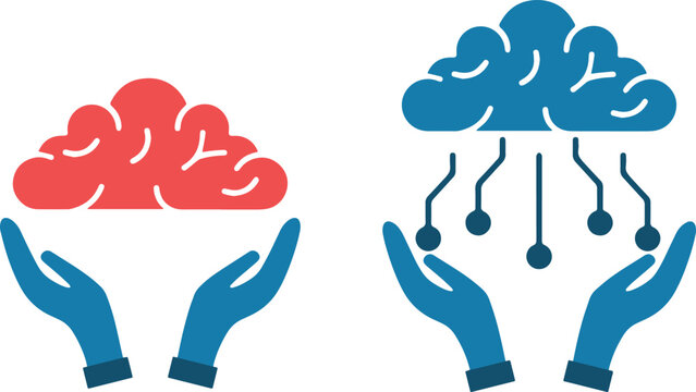 Illustrazione vettoriale di mani aperte che sostengono un cervello, simbolo di intelligenza, salute mentale, protezione, conoscenza e supporto psicologico. Ideale per medicina, educazione e benessere 