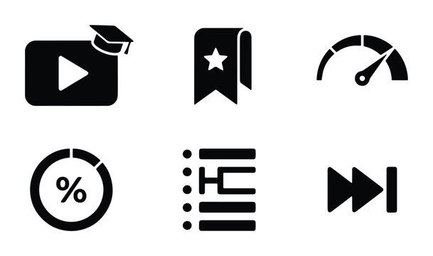Minimalist black solid icons for online education, e-learning video tutorial symbols, digital learning and academic progress vector set