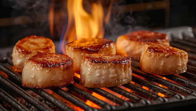 炎のグリルで焼き上がるホタテ、海鮮BBQの上質さを伝える近接料理写真
