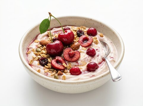 Top View of Cherry Yogurt Bowl with Granola, Fresh Fruit, Nuts, and Spoon