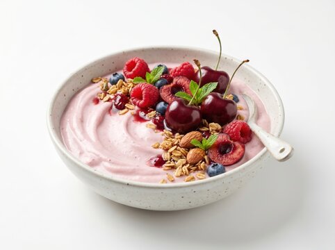 Healthy Greek Yogurt Bowl with Cherries, Granola, and Nuts with Spoon