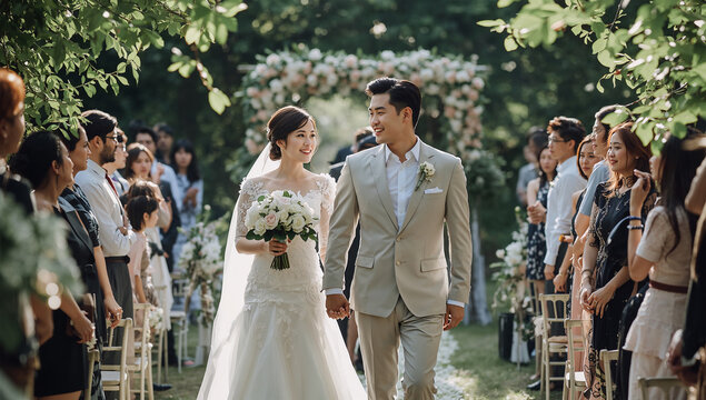 緑あふれるガーデン挙式で歩く日本人の新郎新婦、自然光が美しい結婚式の風景