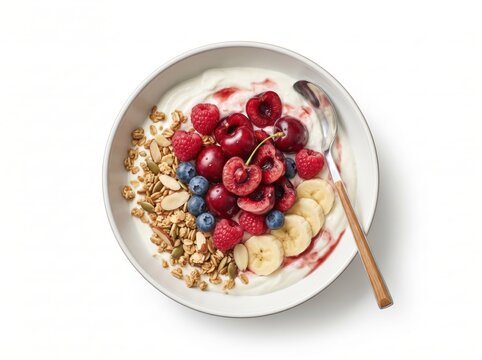 Healthy Cherry Yogurt Bowl with Granola and Coffee on Rustic Wooden Table