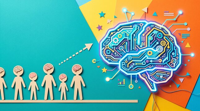 Small paper figures with brain icons look toward a glowing, complex circuit brain, metaphorically depicting collective human intelligence fueling the growth of a digital super-mind.