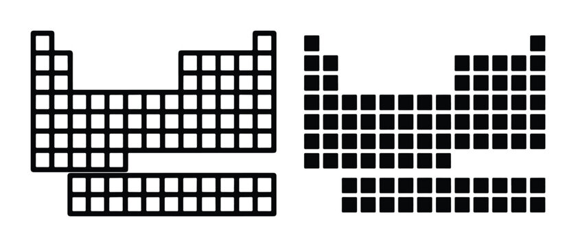 Minimalist periodic table of elements icons, black and white chemistry chart symbols, scientific grid layout vector set for education and research