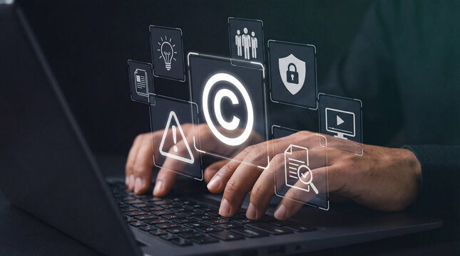 Copyright Protection and Intellectual Property Management Concept on Digital Laptop Interface