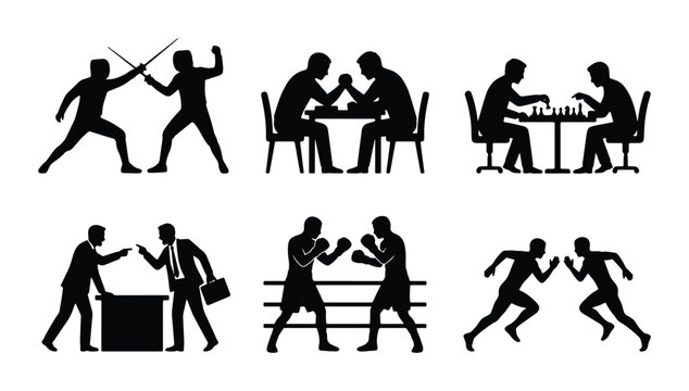 Competitive rivalry silhouettes set, 6 vector icons of people in conflict and sports, business competition and athletic battle symbols