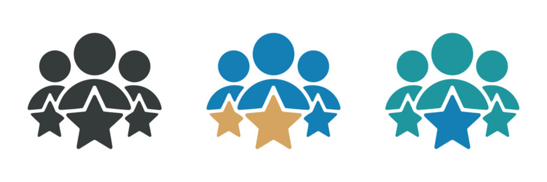 Group Of People With Stars Icon Set, Team And Customer Rating Symbols, User Review And Satisfaction Score Vector Illustration Design.