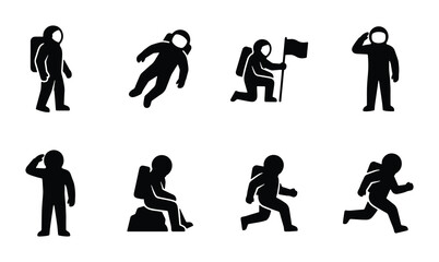 Astronaut silhouette icon set, 8 space explorer vector pictograms, cosmonaut character poses for science and galaxy exploration infographics © Faisal