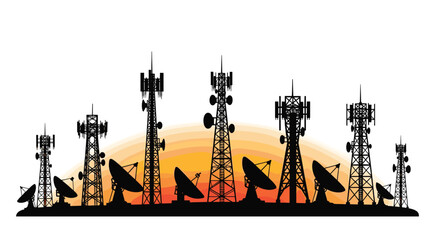 Obraz premium Silhouette of various communication towers and satellite dishes are set against a vivid orange and yellow sunset, symbolizing global connectivity.