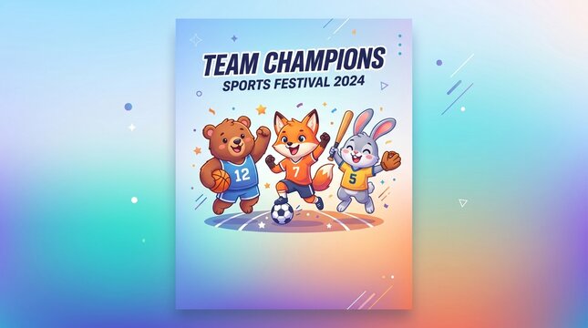 Three cute animals are depicted as sports mascots on a colorful poster