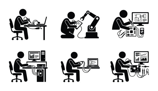 Electronics engineering icons set, computer hardware technician and robotics specialist pictograms, 6 black stick figure vector illustrations