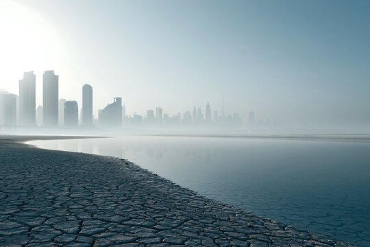 Cracked dry shoreline with urban skyline and shallow water. Water crisis concept, drought impact on city environment, climate change, freshwater depletion