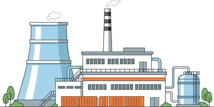 Industrial nuclear power plant vector illustration featuring cooling tower chimney stack storage tank and factory building for energy production and manufacturing industry themed graphic designs