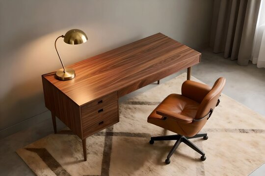 Home Office with Rosewood Desk and Leather Chair, Mid-Century Modern, Cozy Evening, Walnut