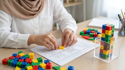 Fototapeta premium A focused individual arranging colorful shapes on a table, with blocks and shapes