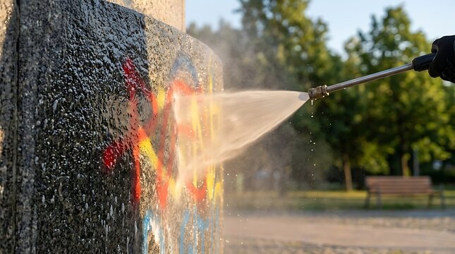 High-pressure water washing of graffiti art on a stone pillar, showcasing the removal of colorful vandalism in an urban setting.