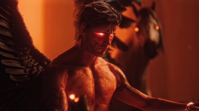 Powerful 3d animation 3d video Loop VJ DJ, depicting a muscular man with glowing red eyes and dark wings, emerging from fiery depths, a mystical scene for your creative projects