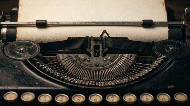 Vintage Typewriter in Detail: A close-up shot of a classic typewriter reveals its intricate mechanics, with a blank sheet of paper ready to receive thoughts and words.