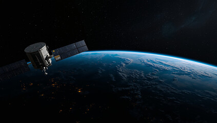 余白を広く生かした夜の地球と人工衛星の宇宙背景写真 © bephoto