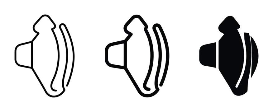 Hearing aid icon set in vector format, digital ear amplifier symbols for medical technology, black and white assistive listening device graphics