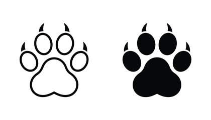 Wild cat paw print icon set with sharp claws in outline and solid black styles for animal tracking and wilderness design © Visual