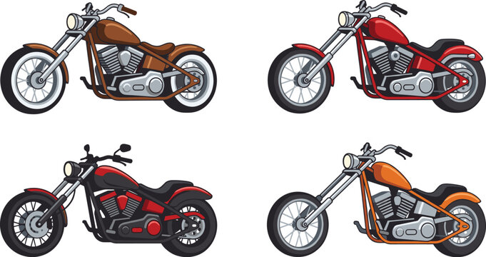 Vector illustration set of custom chopper motorcycles in brown red and orange colors isolated on white background