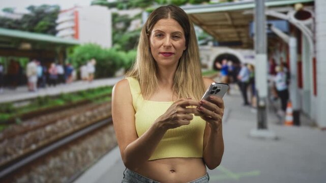 Woman tapping smartphone screen with exposed navel while waiting on train platform at building; confidence independence.