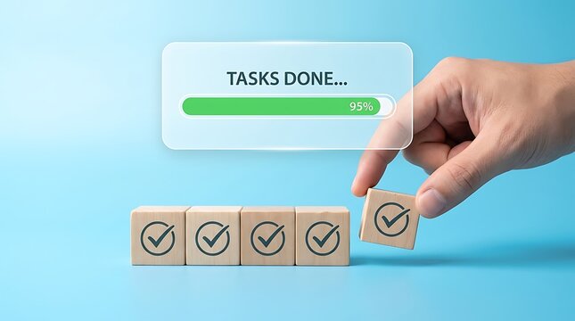 Hand placing last checkmark cube near progress bar indicating 95% of tasks completed, representing project completion and goal achievement.