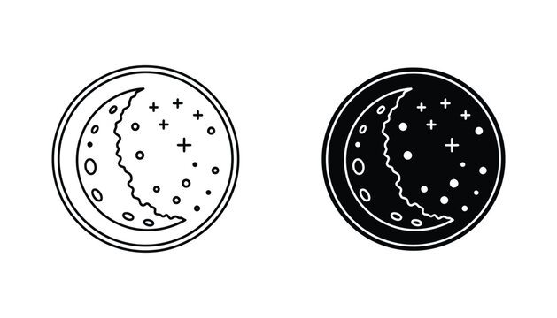 Night sky crescent moon and stars icon set featuring outline and solid black vector designs for space and sleep branding